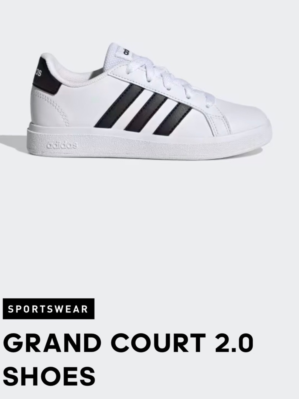 Adidas Kids Grand Court 2.0 White Sneakers with Black Stripes